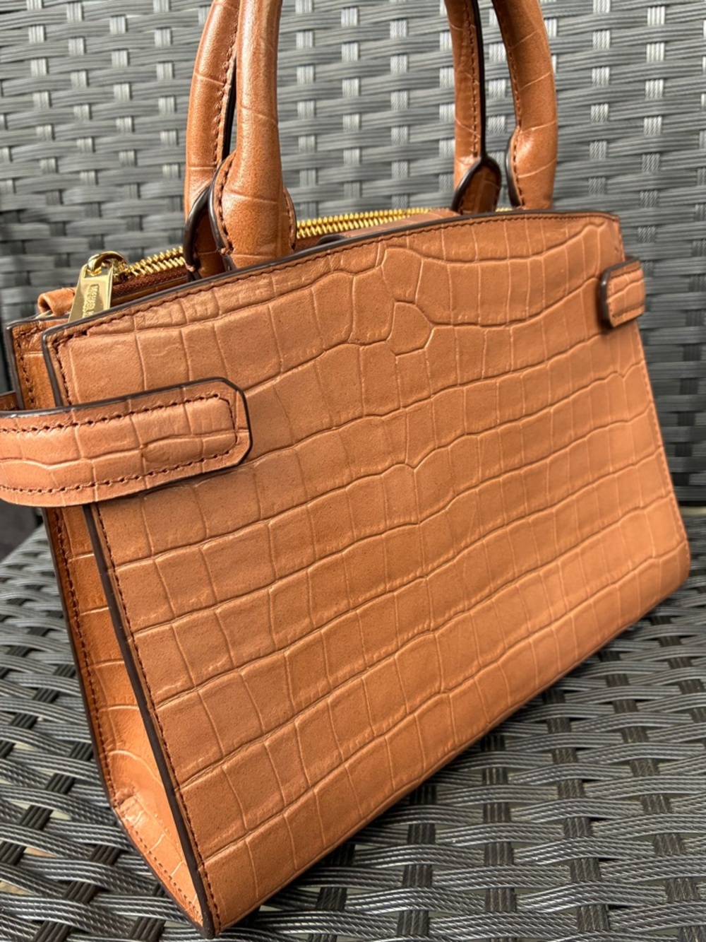 Michael Kors Cognac Croc-Embossed Top-Handle Satchel with Gold Hardware - Picture 5 of 11